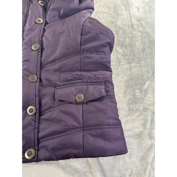 New York & Company Vest Women's Medium Purple Hooded Puffer Vest w/ Faux Fur Tri - Picture 3 of 9